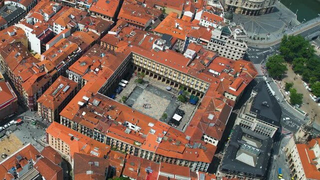 Aerial view of the old town of the city Bilbao on a sunny summer noon in Spain