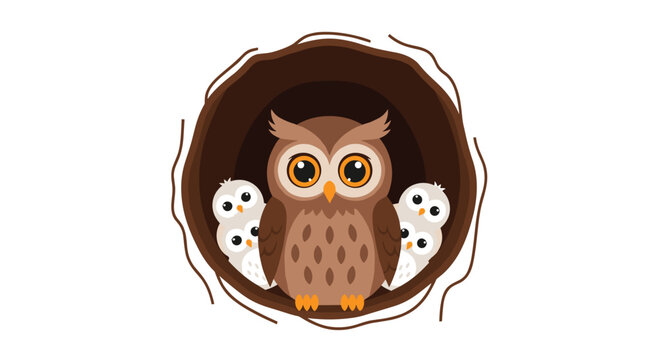 A protective brown mother owl sits nestled inside a dark tree hollow with four small white owlets peeking out from the shadows around her in soft light.