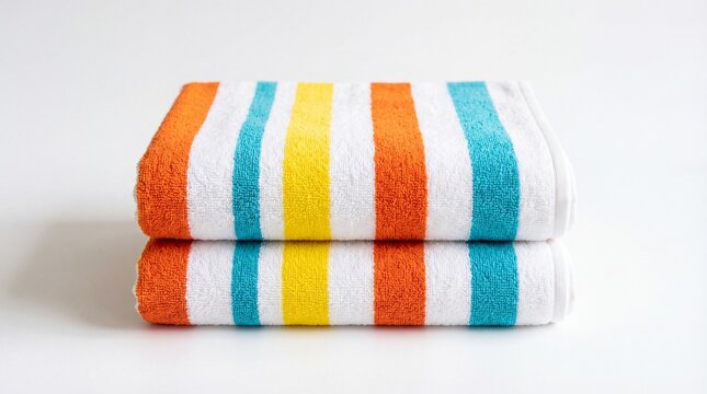 A stack of two folded soft terry cloth towels featuring vibrant orange yellow and blue stripes
