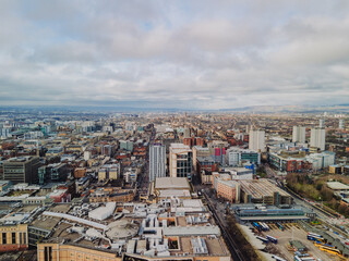 Fototapeta premium Glasgow Scotland: 12th Feb 2026: Drone view of Glasgow city centre skyline and Buchanan Bus Station