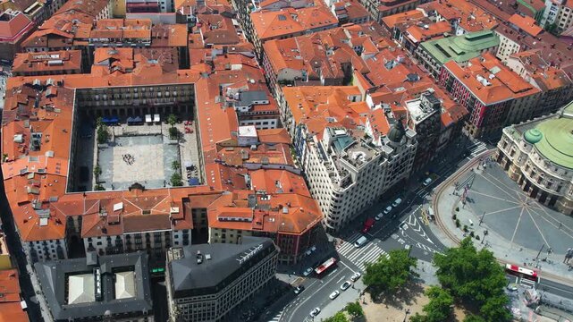 Aerial view of the old town of the city Bilbao on a sunny summer noon in Spain