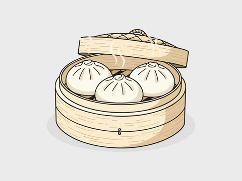 Minimalist flat vector illustration of bao buns in a bamboo steamer food isolated on clean background with simple shapes and modern aesthetic. Perfect for menus, packaging, branding 
