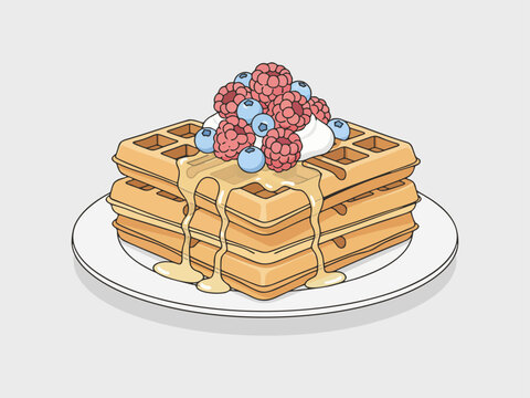 Minimalist flat vector illustration of waffles with berries on a plate food isolated on clean background with simple shapes and modern aesthetic. Perfect for menus, packaging.