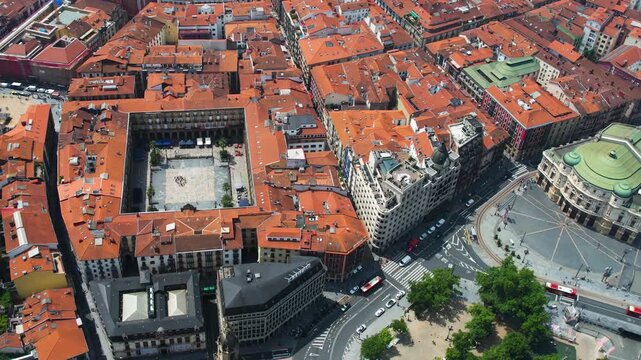Aerial view of the old town of the city Bilbao on a sunny summer noon in Spain