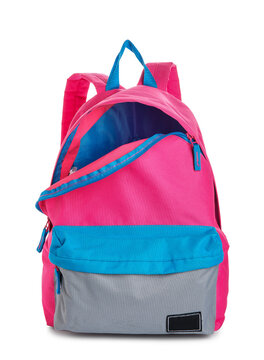Stylish school backpack on white background