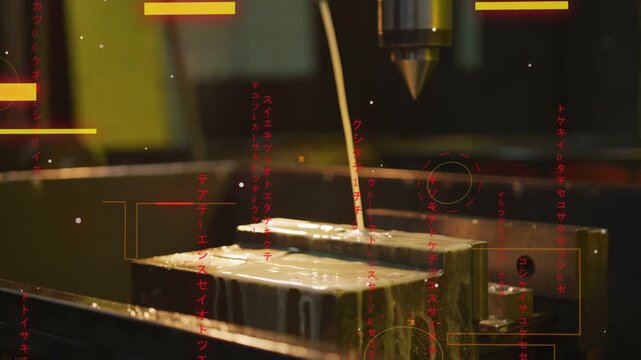 Spraying coolant stream striking metal block in vise at machine shop, with spindle and HUD graphics