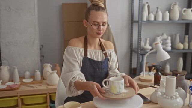 Young woman potter in apron holds painted mug on a banding wheel in studio while presenting ceramic on a wooden bat for glazing; focused handmade craft.