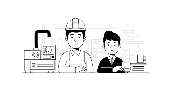 Construction worker and shop clerk at counter in a hardware store