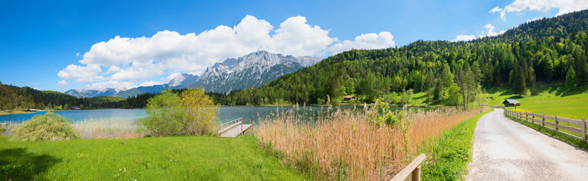 panorama spring landscape lake Lautersee, Karwendel alps. circular trail. upper bavaria