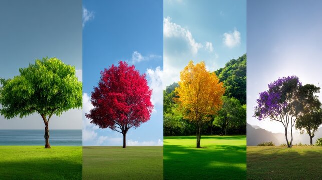 In a peaceful setting, four distinct trees stand proudly, each representing a different season