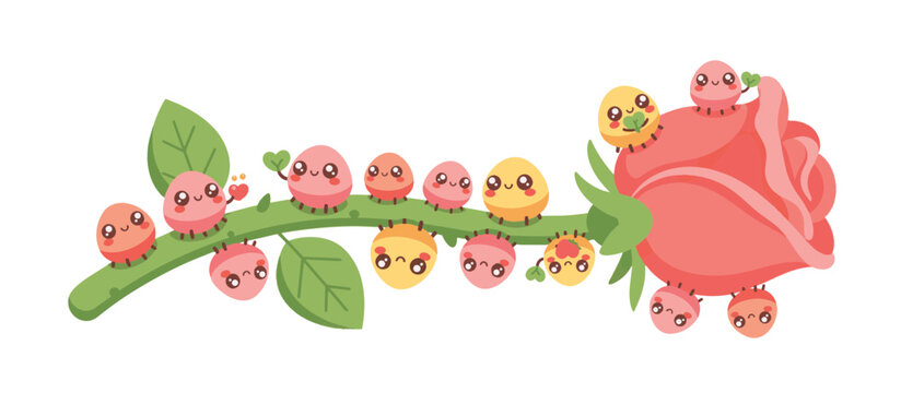 Colorful aphids crawling on a pink rose and green stem. Garden pest concept. Flat design vector illustration isolated on transparent background