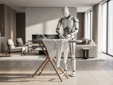 Humanoid robot ironing white shirt on wooden board inside bright living room, automated household chores, futuristic domestic technology, steam iron.