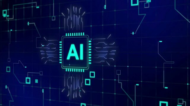 Glowing AI microchip on a dark blue circuit board background illustration 38