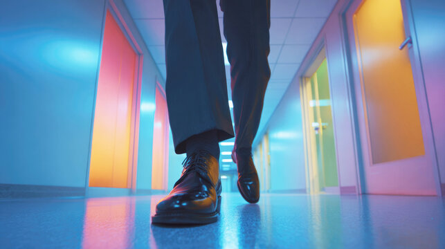 Man walking confidently through a colorful, futuristic hallway in formal shoes, low angle view emphasizing motion, determination and modern corporate or sci-fi setting.