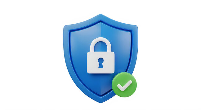 Secure lock icon with blue shield and green checkmark isolated on transparent background transparent background