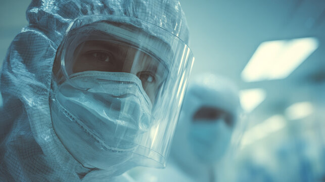 Medical professionals in full protective suits and face shields work in a sterile hospital environment. Focused healthcare workers demonstrate dedication during a critical situation