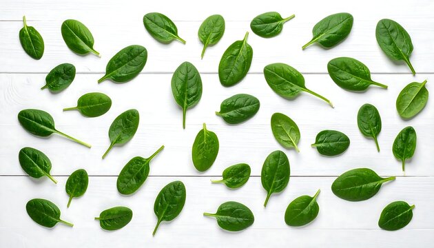 Fresh green spinach leaves scattered on a white wooden surface, creating a clean, natural, and appealing pattern