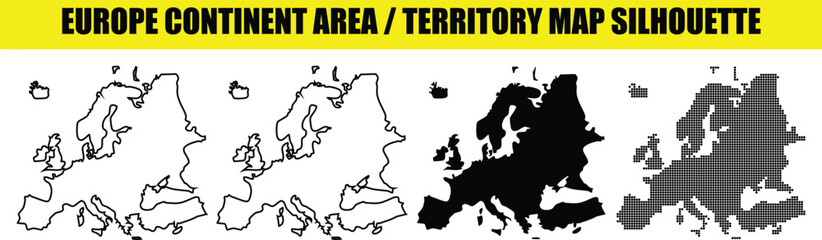 Europe continent area territory map silhouette bundle with outline solid black and halftone pixel versions on grid background. © Md Asif Shahnaoaz