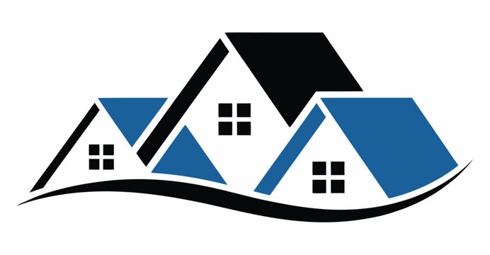 Modern stylized illustration of three houses on a hillside background, minimal vector composition showing residential homes, rolling landscape