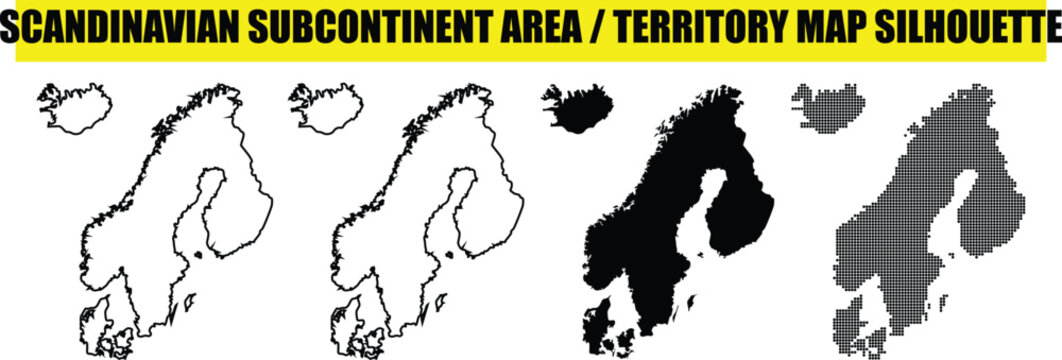 Scandinavian subcontinent area territory map silhouette icons in outline solid and dotted styles for travel design vector file.