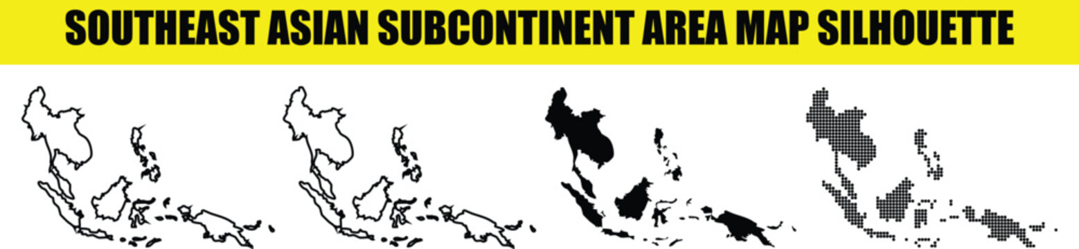 Southeast asian subcontinent area map silhouette bundle with thin line drawing solid shape and digital dot grid arrangement.
