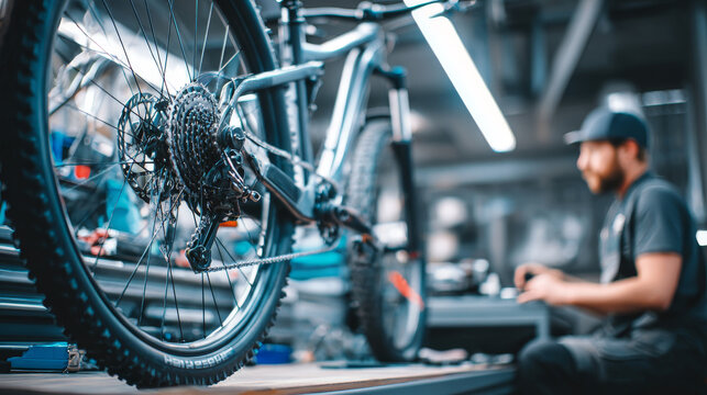 Modern mountain bike in a professional workshop with a mechanic working in the background. Focus on the rear gear system and tire, highlighting advanced bicycle technology and maintenance