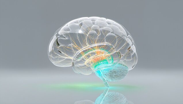 Breathtaking 3D illustration of a translucent glass human brain with glowing neon neural pathways