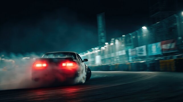 Nighttime sports car drifting through racing track corner with glowing taillights and tire smoke under dramatic circuit lights