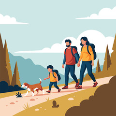 Fototapeta premium Family hiking in nature with their dog