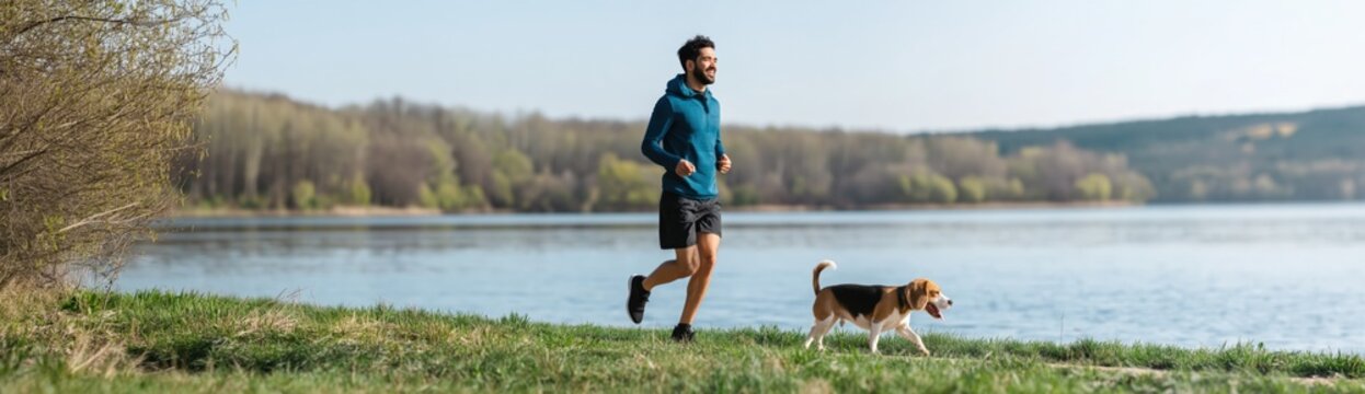Man jogging with dog along lakeshore by wooded water on morning trail