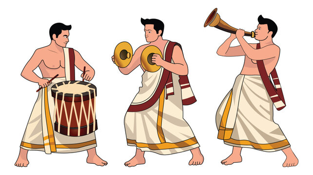 Kerala Chenda Melam and Panchavadyam Musicians Vector Traditional Onam Vishu Festival India