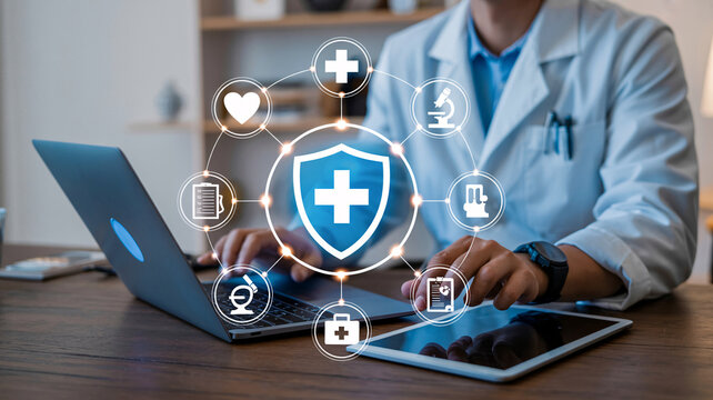 A doctor in a white lab coat using a laptop and tablet with medical icons floating above the keyboard.