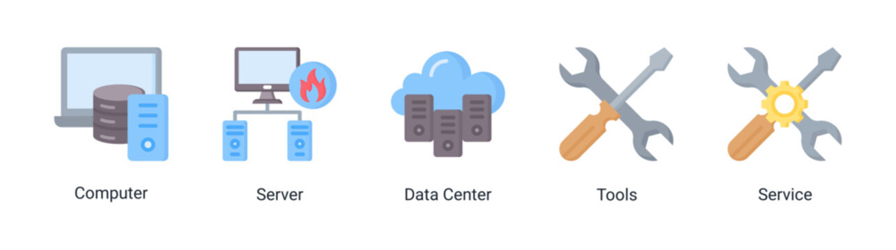 Server environment icon set with data center,server,and service elements.Ideal for cloud computing and IT infrastructure designs.