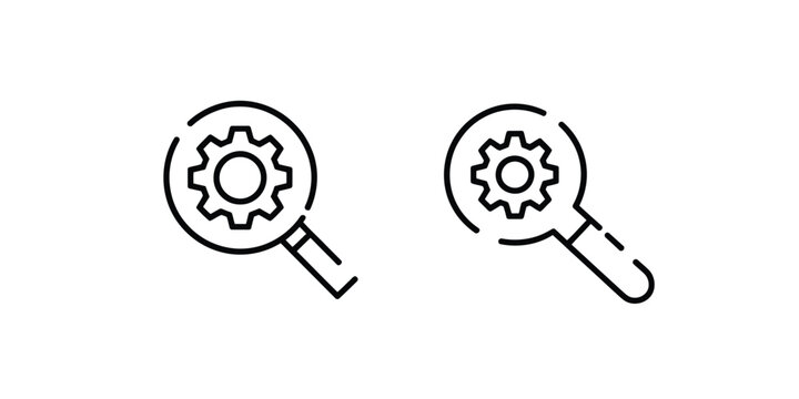 technical support and configuration symbols pack, magnifying glass with cogwheel representing system settings and troubleshooting, search and repair tools concept, clean outline and filled vector icon