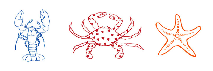 A set of black and white line drawings of crabs, lobsters, and starfish Summer, tropical, fun. Hand-drawn illustration on a transparent background © 7nov.studio