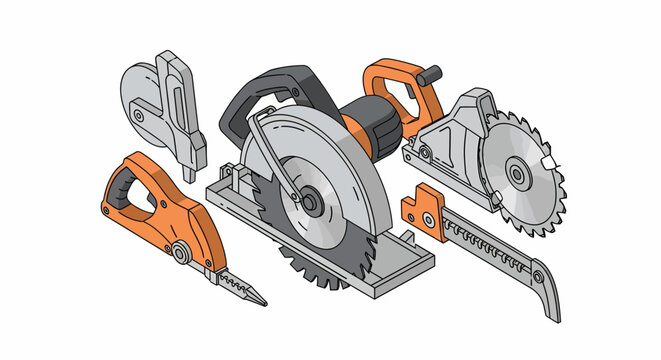 Collection of Various Circular Saws for Woodworking and Construction.