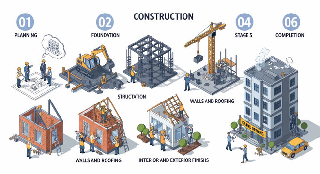 Construction Stages - Planning, Foundation, Erection, Walls, Interior, Completion.