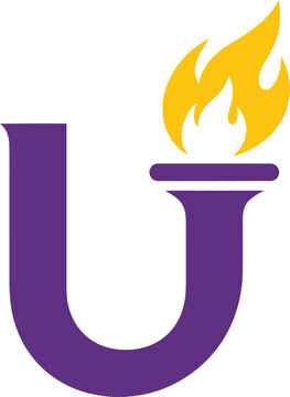 Purple letter U logo with burning torch for education and knowledge