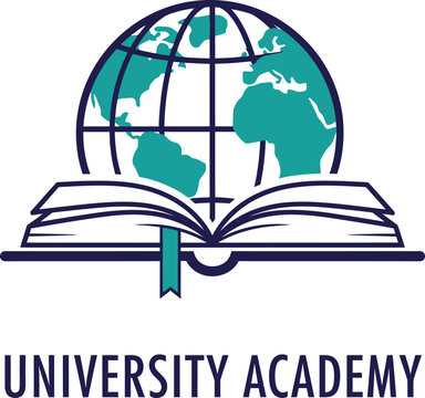University academy logo with globe and open book for global education