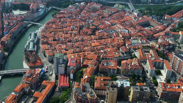 Aerial view of the old town of the city Bilbao on a sunny summer noon in Spain