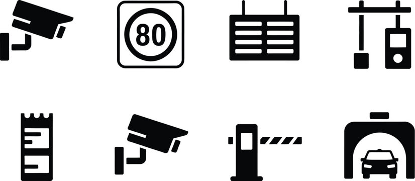Security and traffic control icon set featuring surveillance camera speed limit sign parking meter gate barrier and car wash symbols vector.