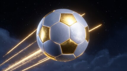 Fototapeta premium Soccer ball flies through the night sky with sparks trailing behind it during a nighttime sport event