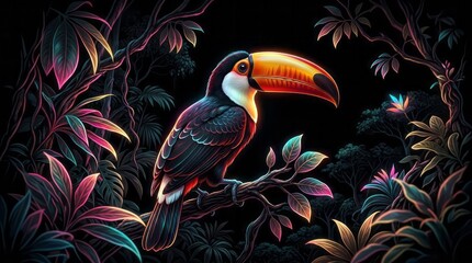 Fototapeta premium Vibrant Toucan in Tropical Jungle Toucan Tropical Jungle Bird Colorful Nature Wildlife. Concept featuring toucan, tropical, jungle, bird, colorful for professional commercial design.