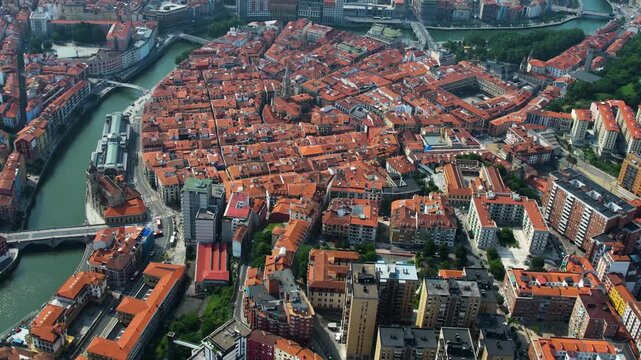 Aerial view of the old town of the city Bilbao on a sunny summer noon in Spain