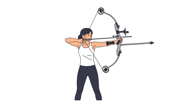 A focused female archer wearing a white tank top and dark leggings aims a modern grey compound bow with a long stabilizer against a plain white background.