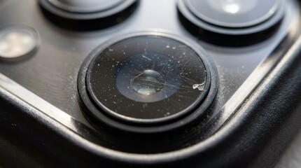 Obraz premium Close-Up of Smartphone Camera Lens Smartphone Camera Lens Close-Up Technology Photography Macro Lens Scratches. Concept featuring smartphone, camera lens, close-up, technology, photography for prof...