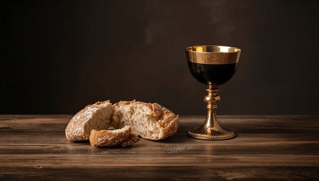 Broken Bread and Red Wine Chalice on Rustic Wooden Table, Symbolic Religious Still Life, Hyperrealistic 8K