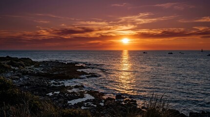 Fototapeta premium Stunning Sunset Over Calm Ocean Sunset Ocean Sea Landscape Nature Water Sky. Concept featuring sunset, ocean, sea, landscape, nature for professional commercial design.