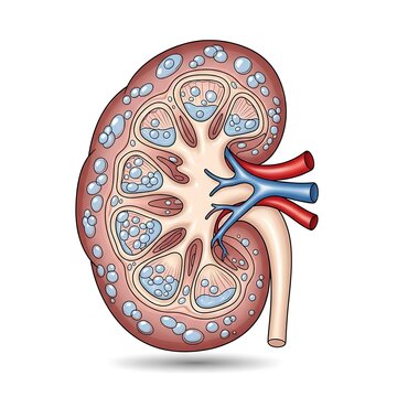 Polycystic Kidney Disease Illustration with Cysts and Blood Vessels.