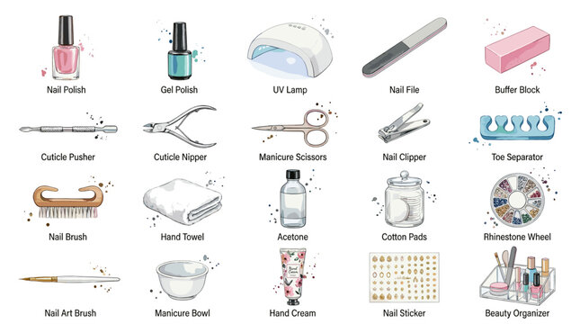Manicure tools and nail care vector set with polish bottles, UV lamp, files, cuticle oil, remover, brush and pedicure accessories isolated on white